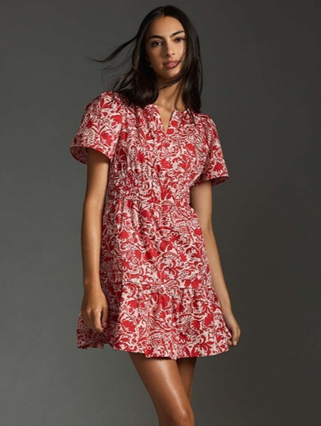 Anthropoligie The Somerset Mini In Red Floral Bird Crane Cotton Dress